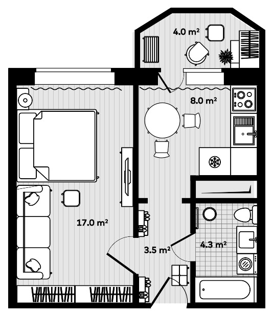 1-комнатная, 34.8 м², № 91 в Лоза
