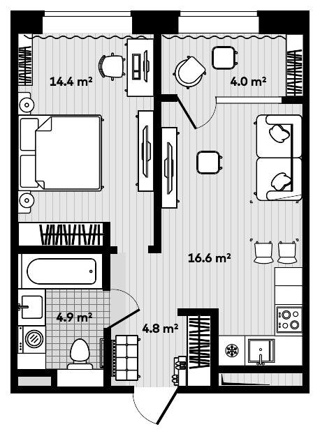 1-комнатная, 43.07 м², № 704 в Секвойя