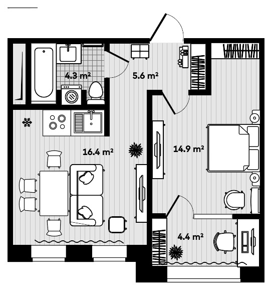 1-комнатная, 44.02 м², № 1108 в Секвойя