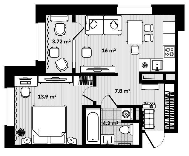 1-комнатная, 44.05 м², № 1501 в Секвойя